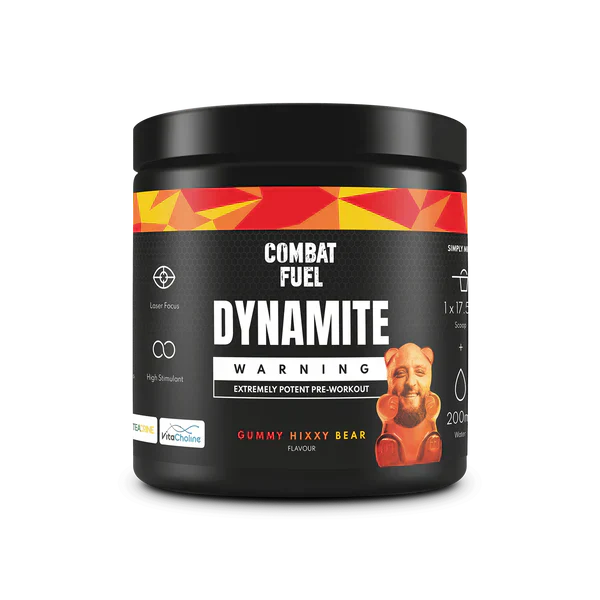 Container of Combat Fuel Dynamite Pre-Workout supplement by Graham Hicks for energy