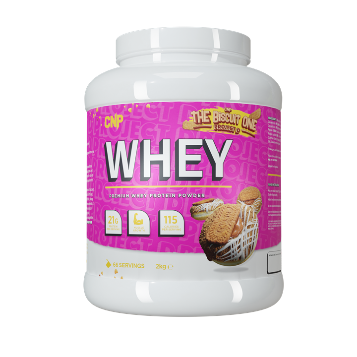 CNP Whey Project D pink and white protein powder with biscuit flavor and chocolate biscuits