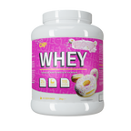 White tub of CNP WHEY protein powder with pink label and donut images
