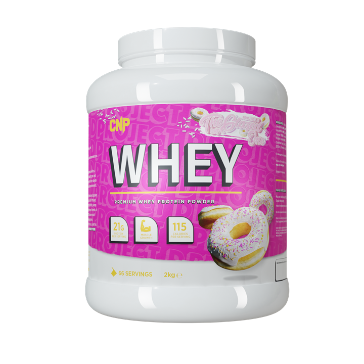 White tub of CNP WHEY protein powder with pink label and donut images
