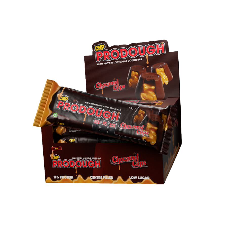 Display box of Pro dough Caramel Cups protein bars on a white background