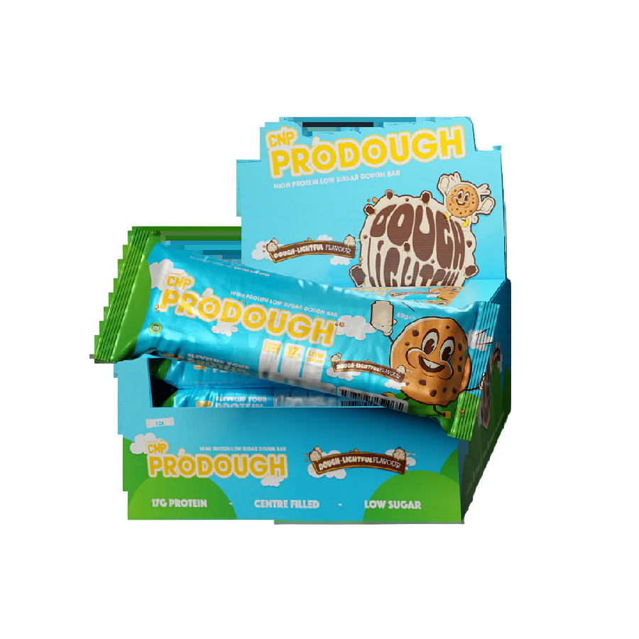 Prodough protein bars in a display box on a white background