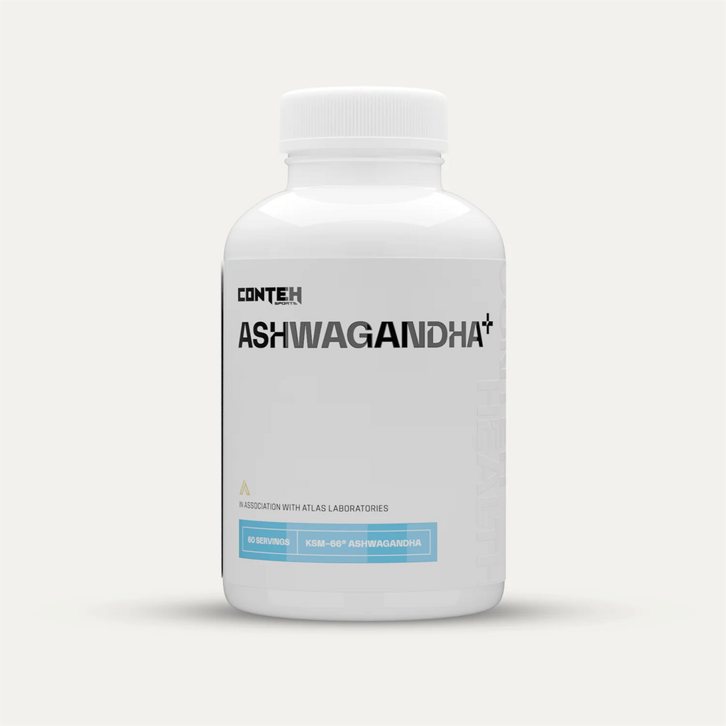 White plastic bottle of Conteh Sports Ashwagandha supplements for stress relief and better sleep