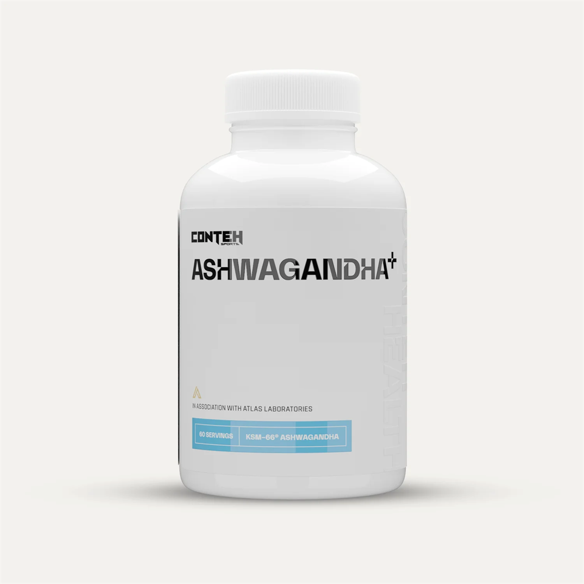 White plastic bottle of Conteh Sports Ashwagandha supplements for stress relief and better sleep