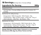 Nutritional info label for Warrior Lean Mass Gainer protein supplement