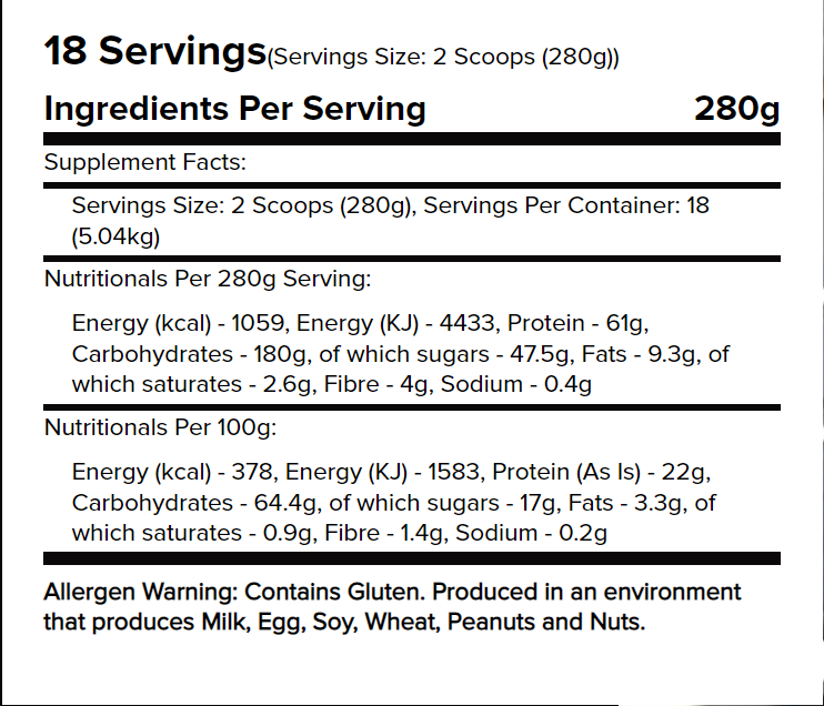 Nutritional info label for Warrior Lean Mass Gainer protein supplement
