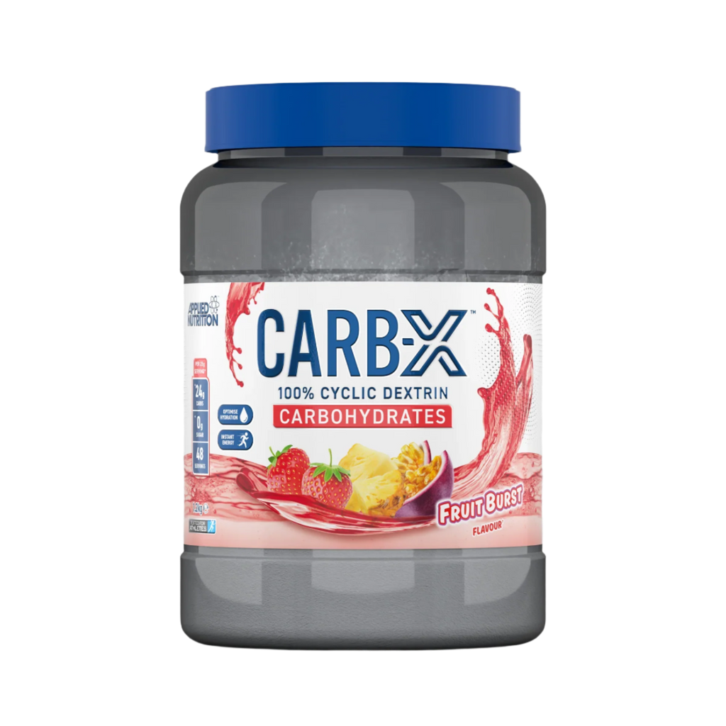 Jar of Applied Nutrition Carb X with fruit burst flavor, high-quality branched cyclic dextrin