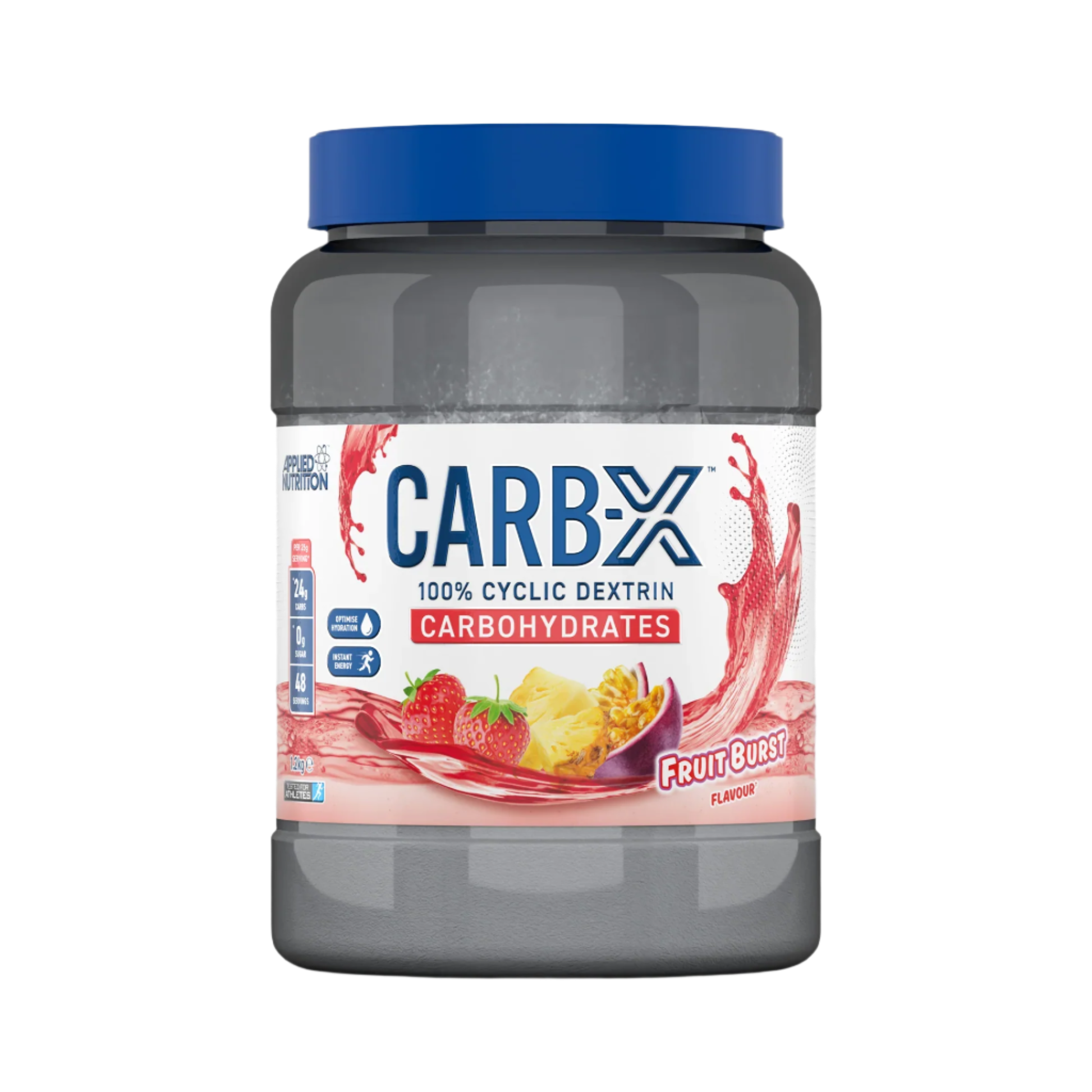 Jar of Applied Nutrition Carb X with fruit burst flavor, high-quality branched cyclic dextrin