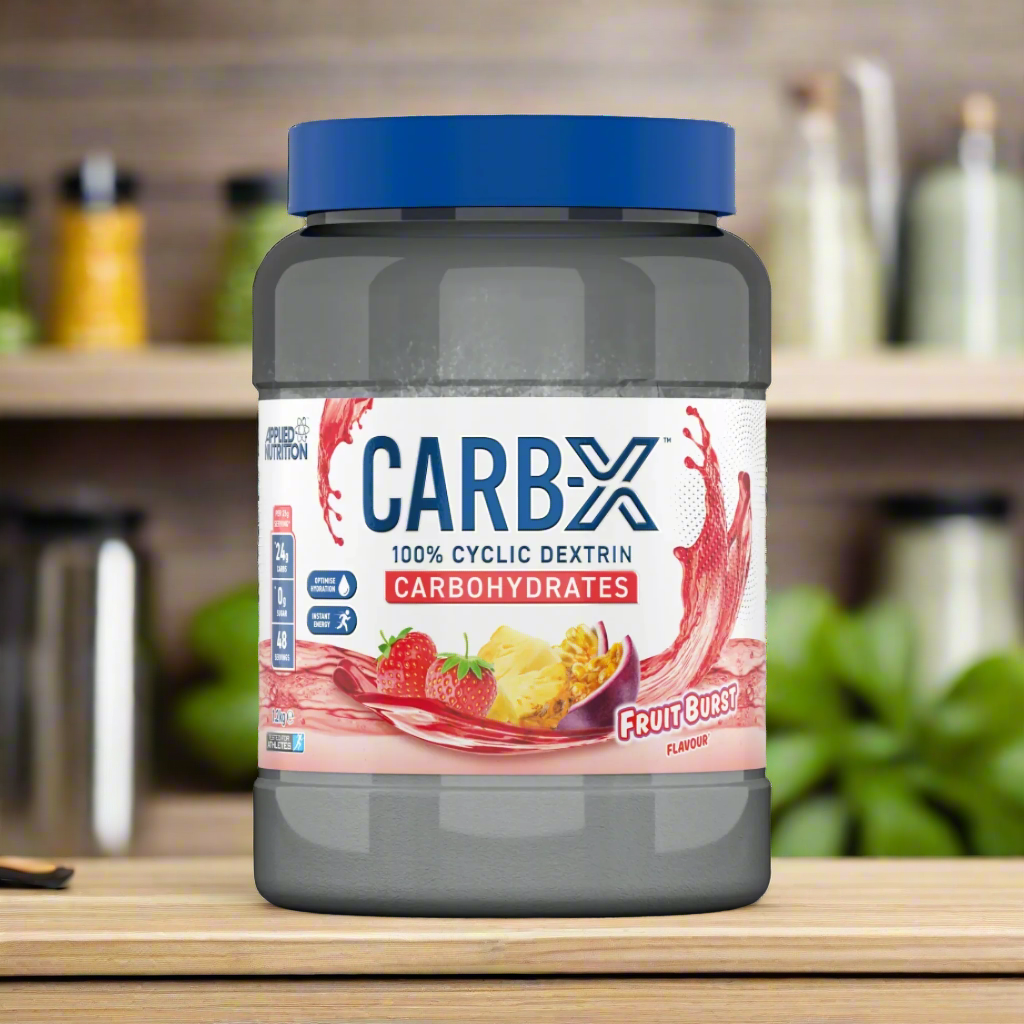 Gray plastic tub of Applied Nutrition Carb X with Fruit Burst flavor, high branched cyclic dextrin