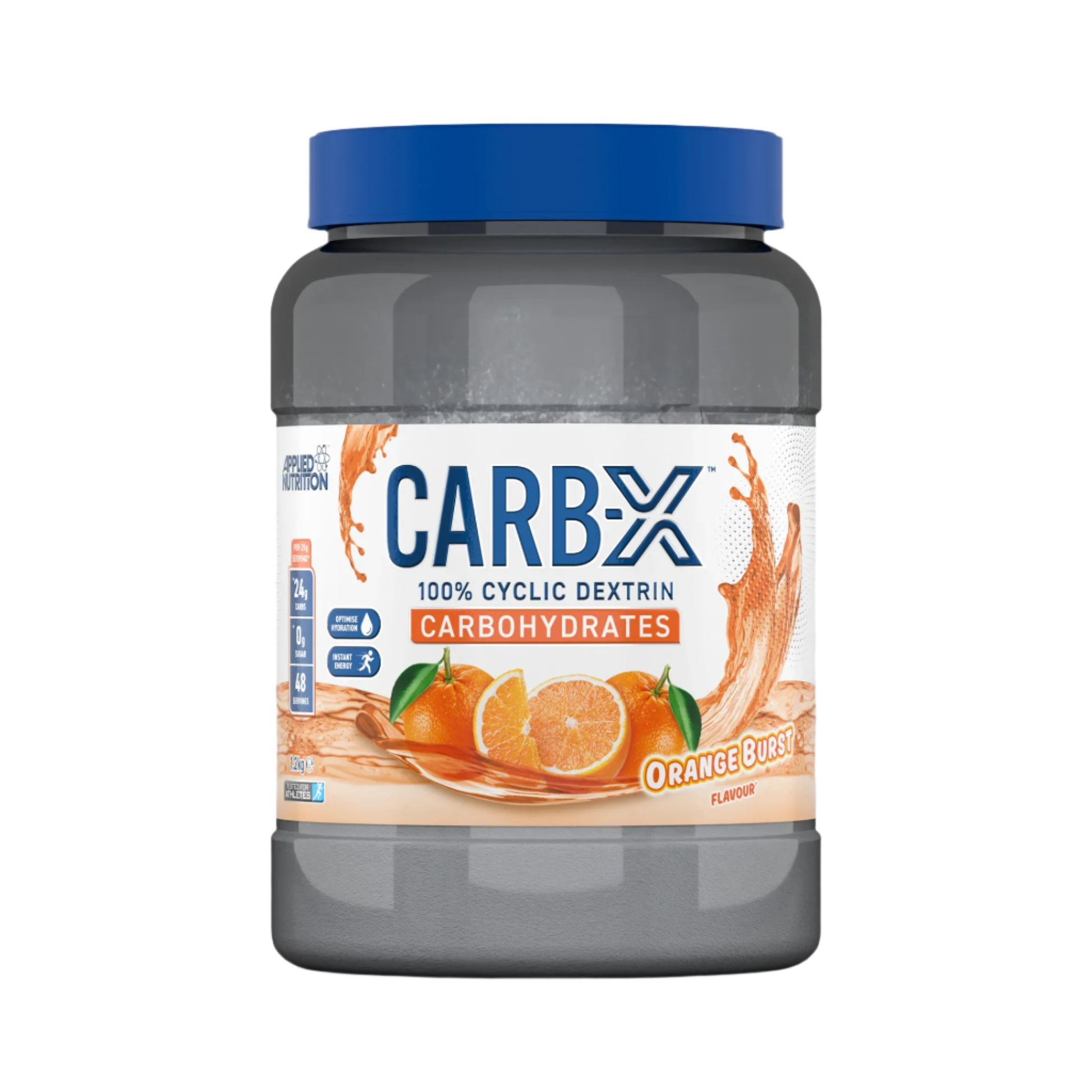 Gray tub of Applied Nutrition Carb X with Orange Burst flavor, highly branched cyclic dextrin
