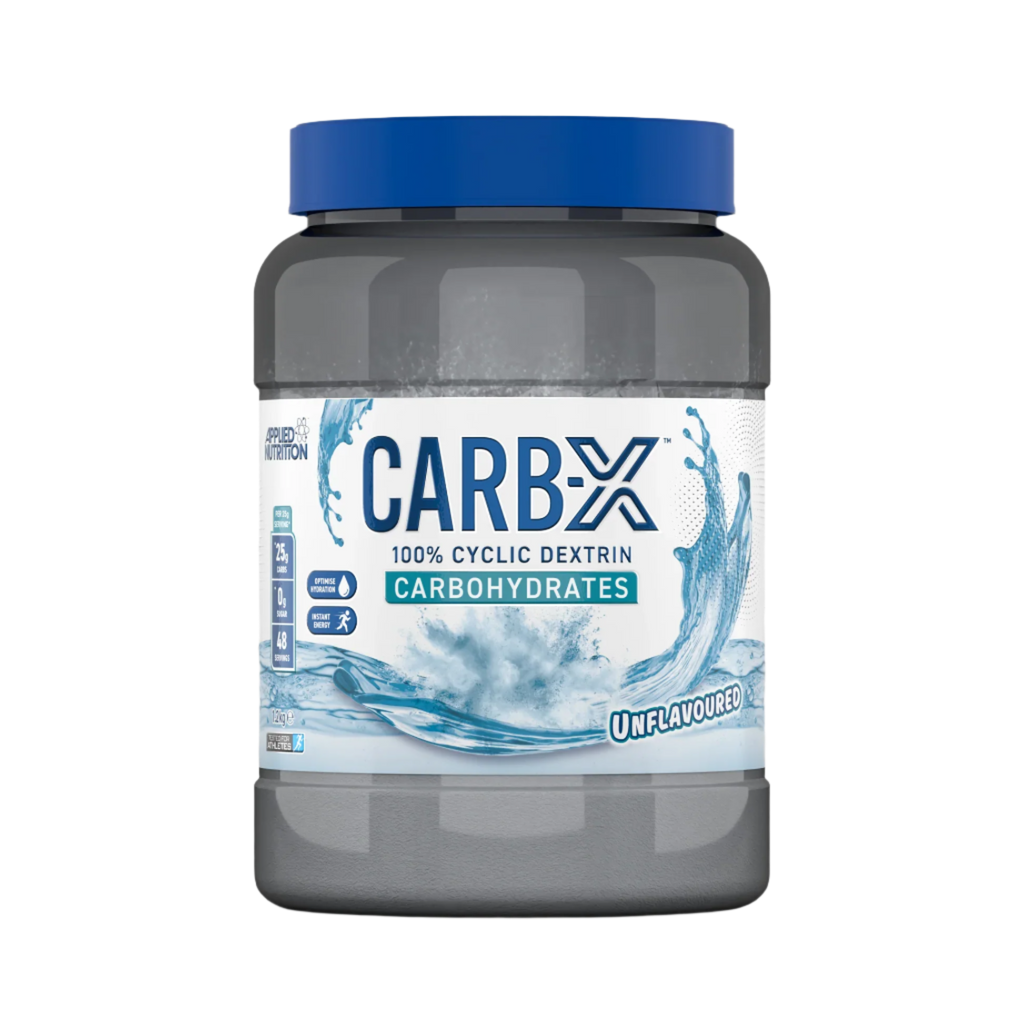 Gray plastic tub of Applied Nutrition Carb X with blue lid, containing unflavored branched cyclic dextrin powder
