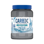 Gray plastic tub of Applied Nutrition Carb X with blue lid, containing unflavored branched cyclic dextrin powder