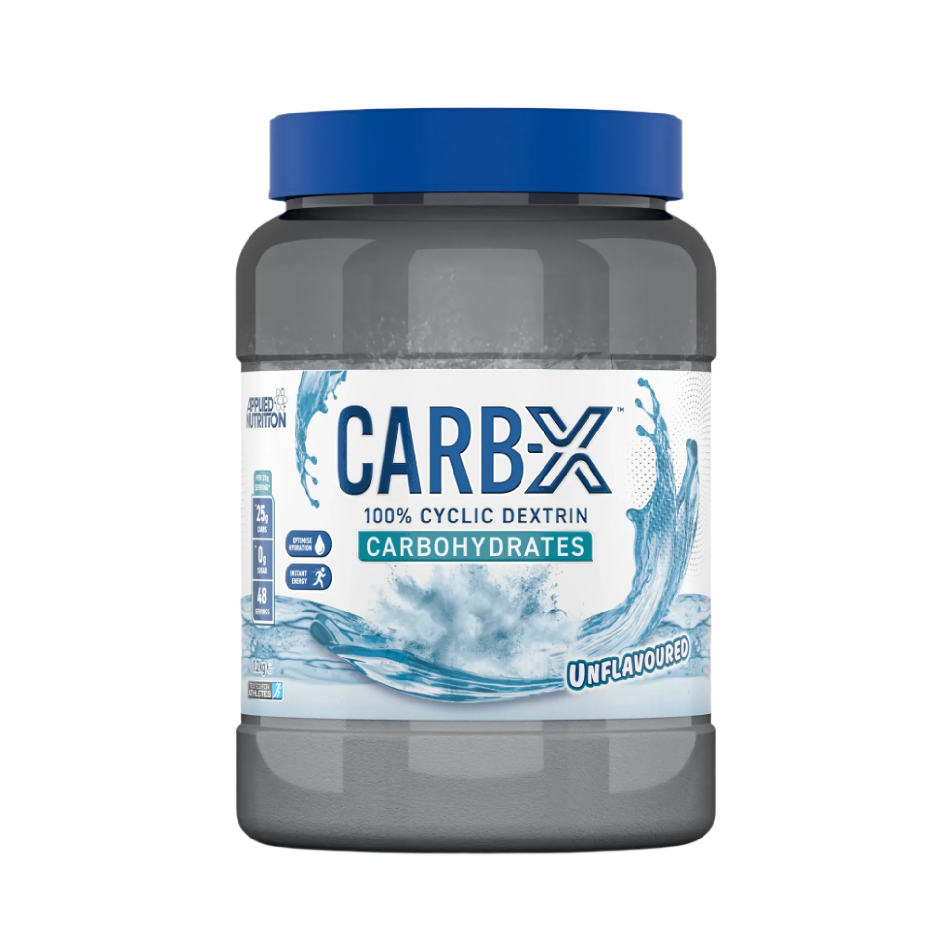 Gray plastic tub of Applied Nutrition Carb X with blue lid, containing unflavored branched cyclic dextrin powder