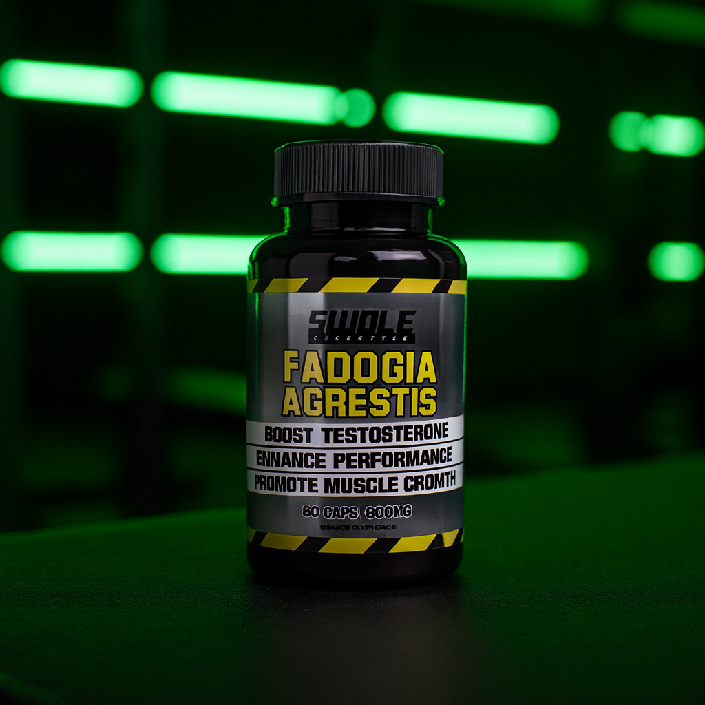Swole Lifestyle Fadogia Agrestis supplement bottle in a dark modern gym with neon lime green lights, label clearly visible and readable, promoting testosterone boost, enhanced performance, and muscle growth.