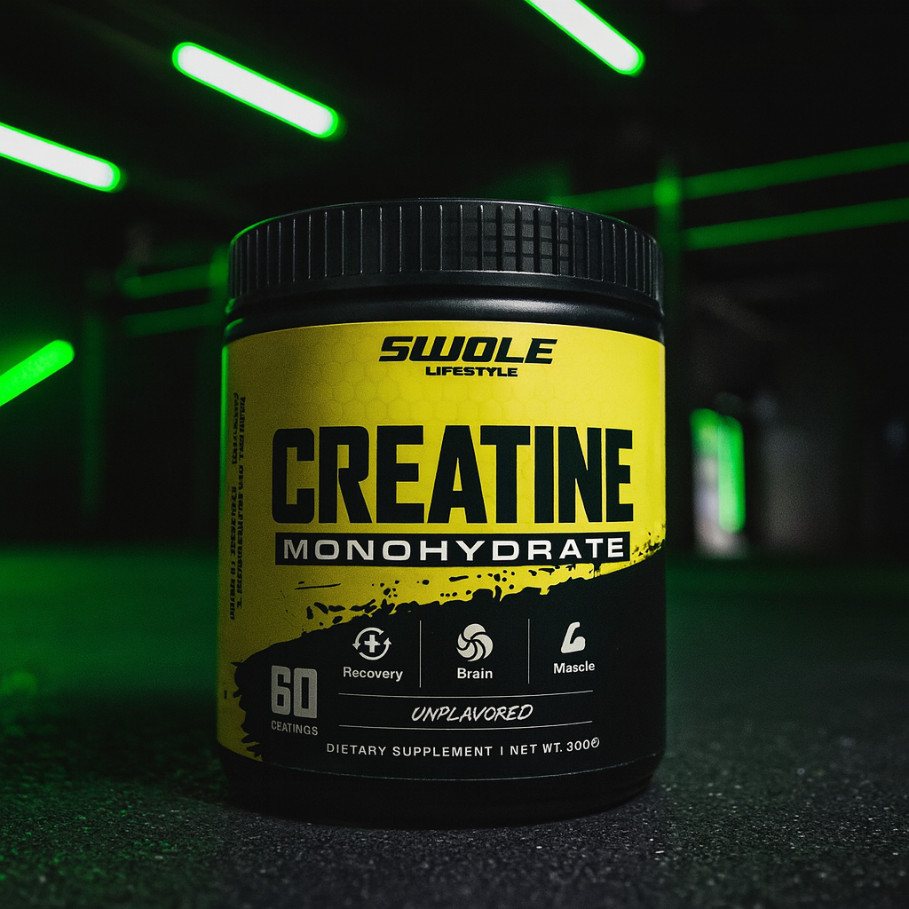 Swole Lifestyle Creatine Monohydrate 60 Servings in a dark modern gym with neon lime green lights, product label bright, sharp, and fully readable, emphasizing recovery, brain, and muscle benefits.