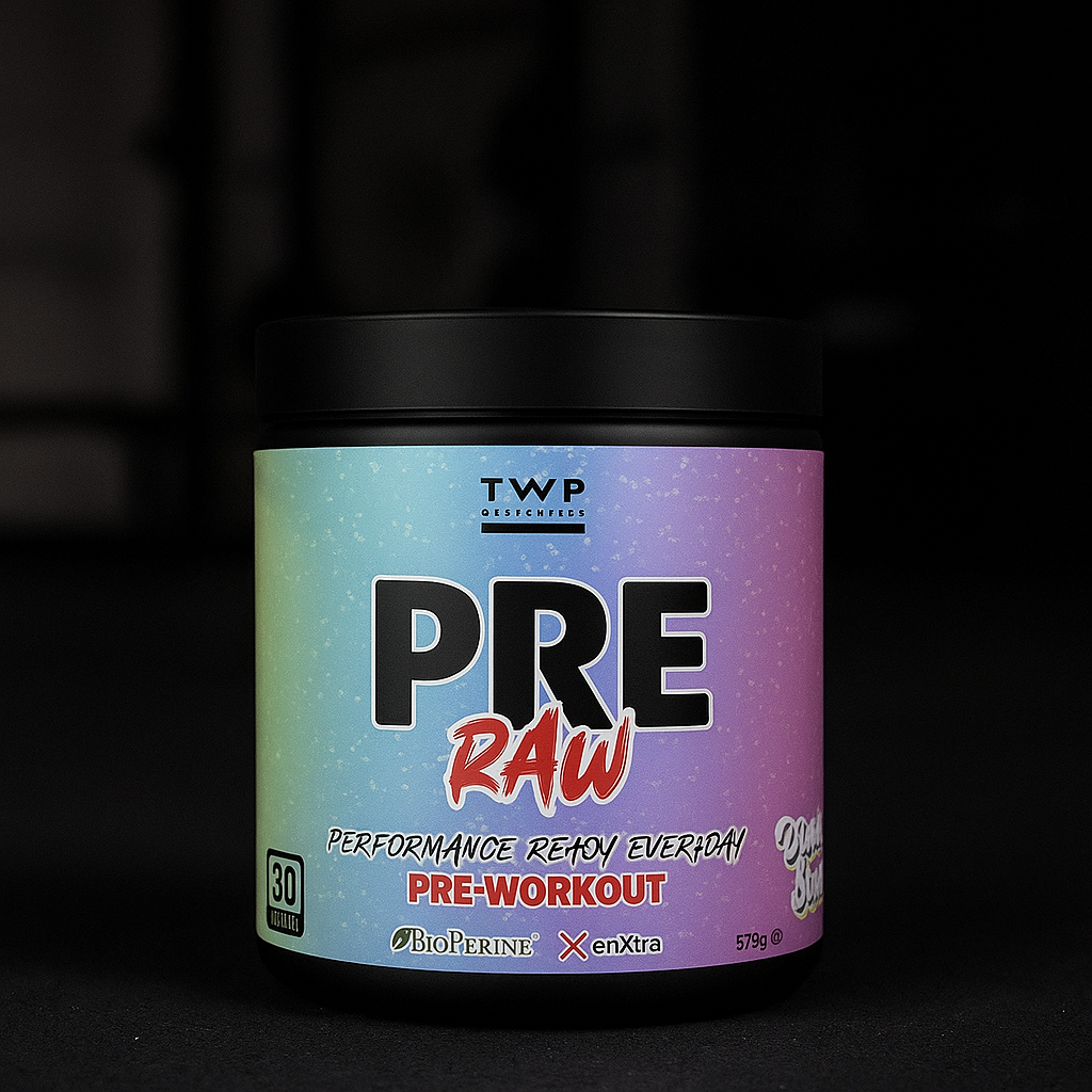 Pre-workout supplement container with colorful label on a black background