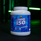 CNP Loaded ISO Blue Bears protein powder container on a dark background with green lights.