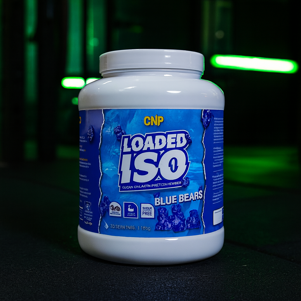 CNP Loaded ISO Blue Bears protein powder container on a dark background with green lights.