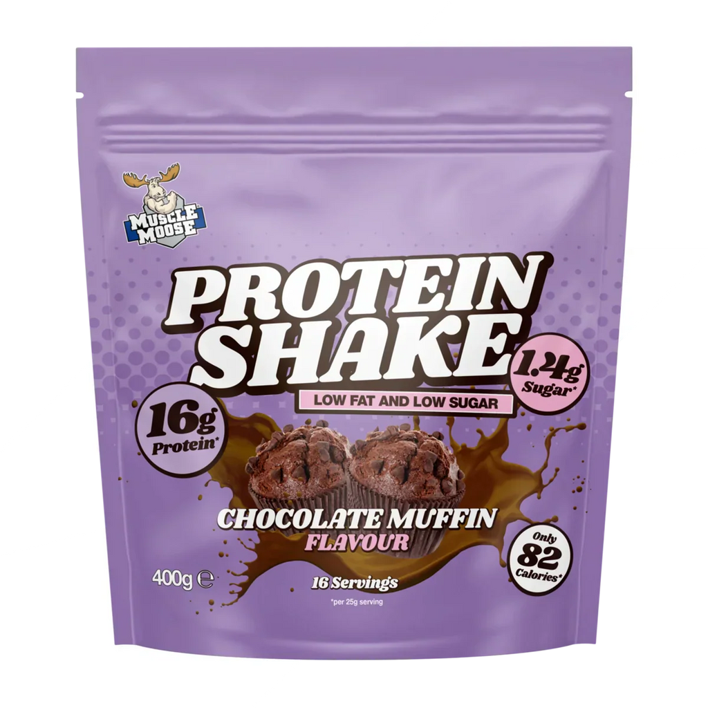 Purple Muscle Moose Protein Shake pouch in chocolate muffin flavor for muscle recovery