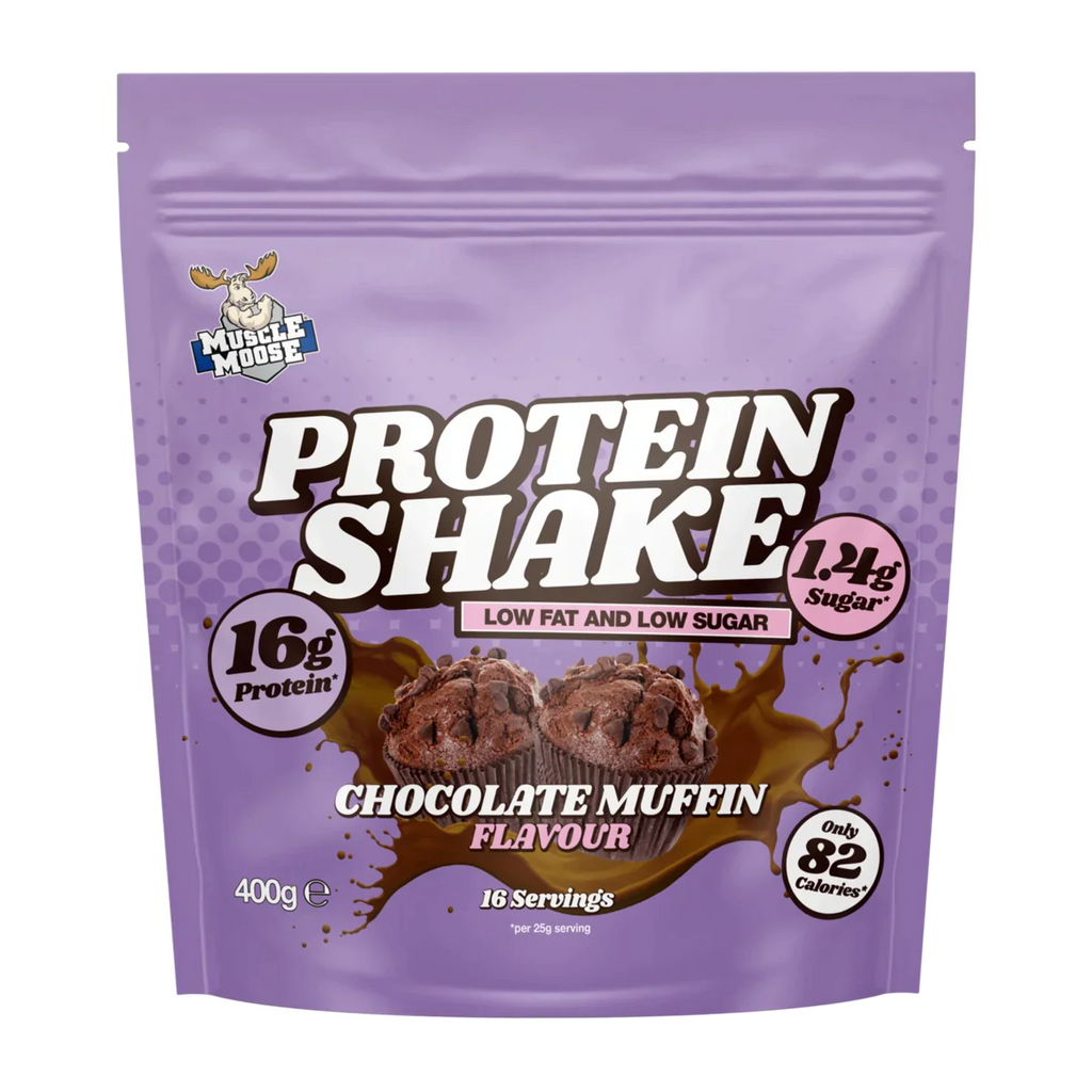 Purple Muscle Moose Protein Shake pouch with chocolate muffin flavor for muscle recovery