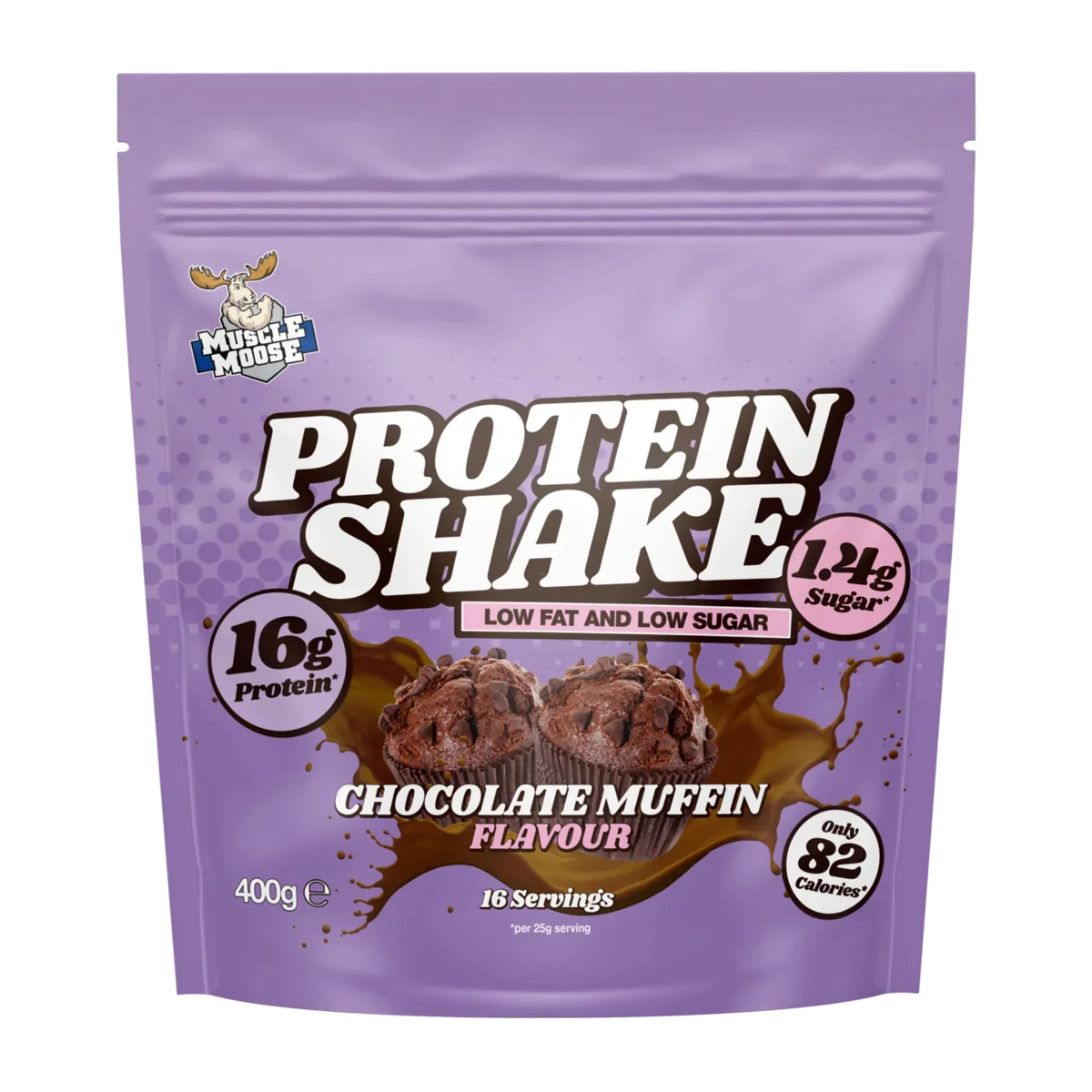 Purple Muscle Moose Protein Shake pouch with chocolate muffin flavor for muscle recovery