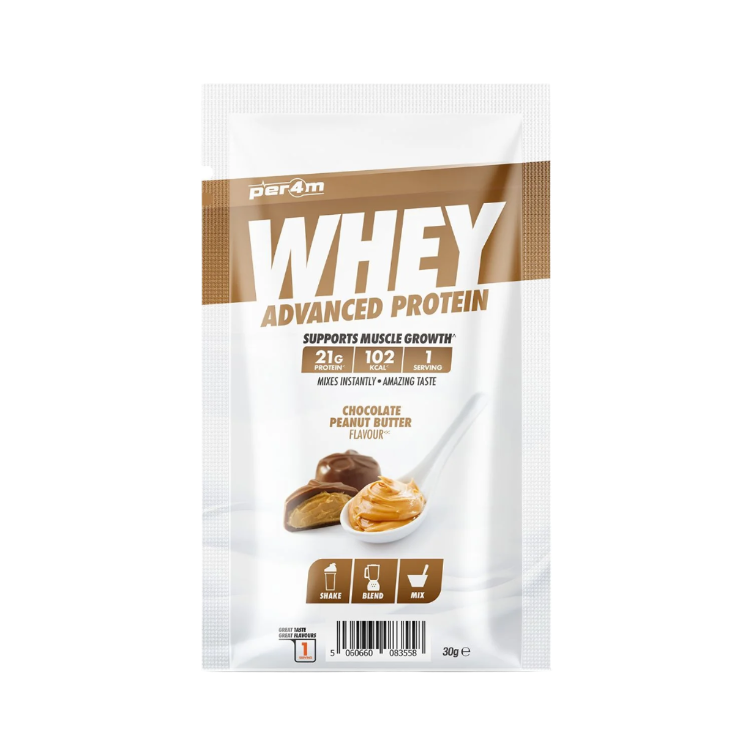 Per4m Advanced Whey Protein Sachet with 21g protein, chocolate peanut butter flavor