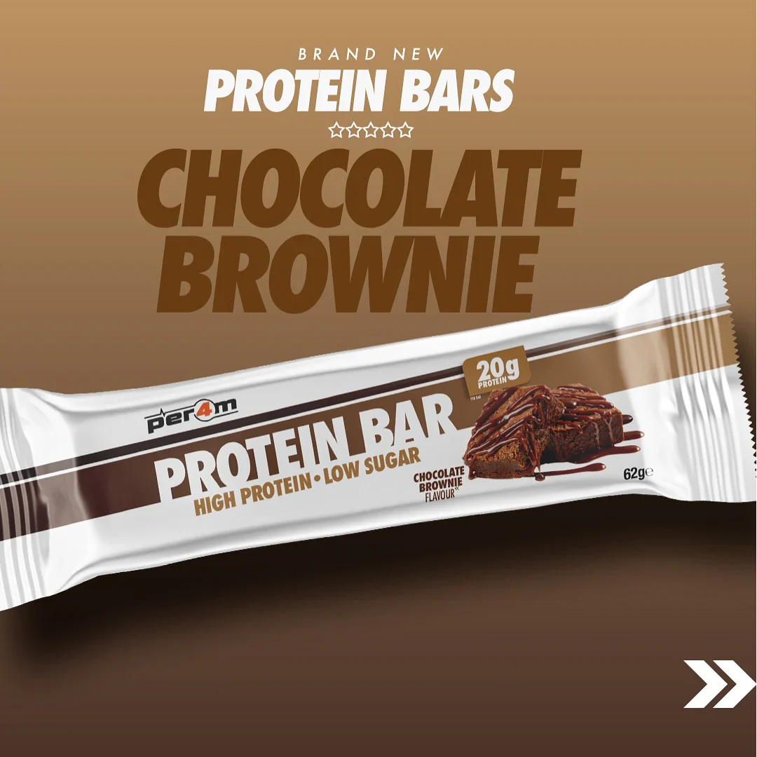 Per4m Protein Bar with chocolate brownie flavor, 20g protein, low sugar
