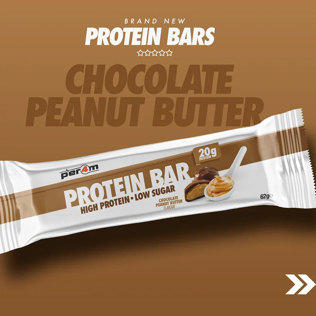 Chocolate peanut butter Per4m Protein Bar showing off that tasty Per4m protein boost