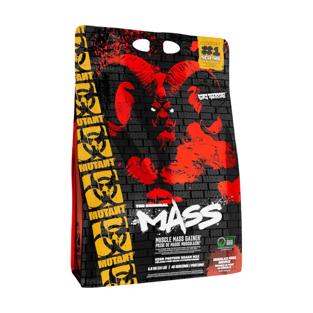 Mutant Mass chocolate-flavored muscle gain powder bag for muscle building and strength
