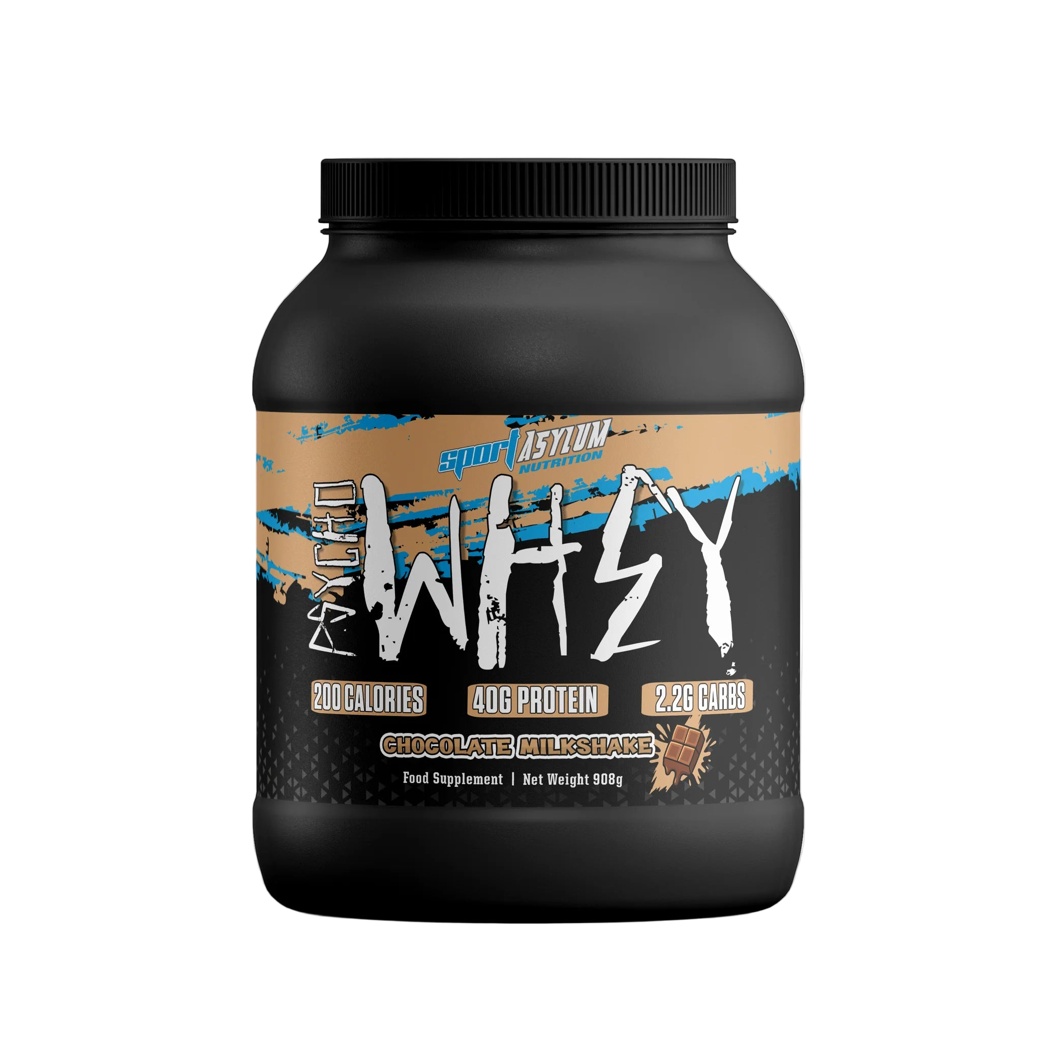 Black protein powder container with 'WHSY' branding on a white background