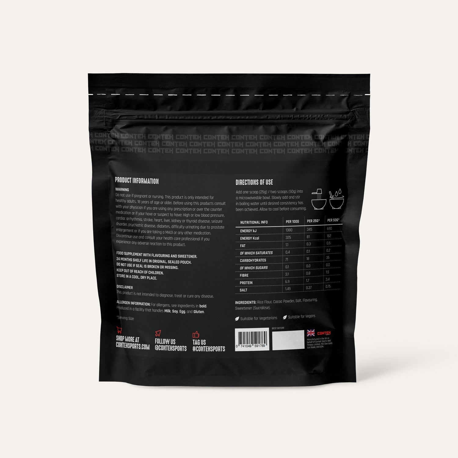 Black resealable pouch of Conteh Sports Cream of Rice protein powder for athletes