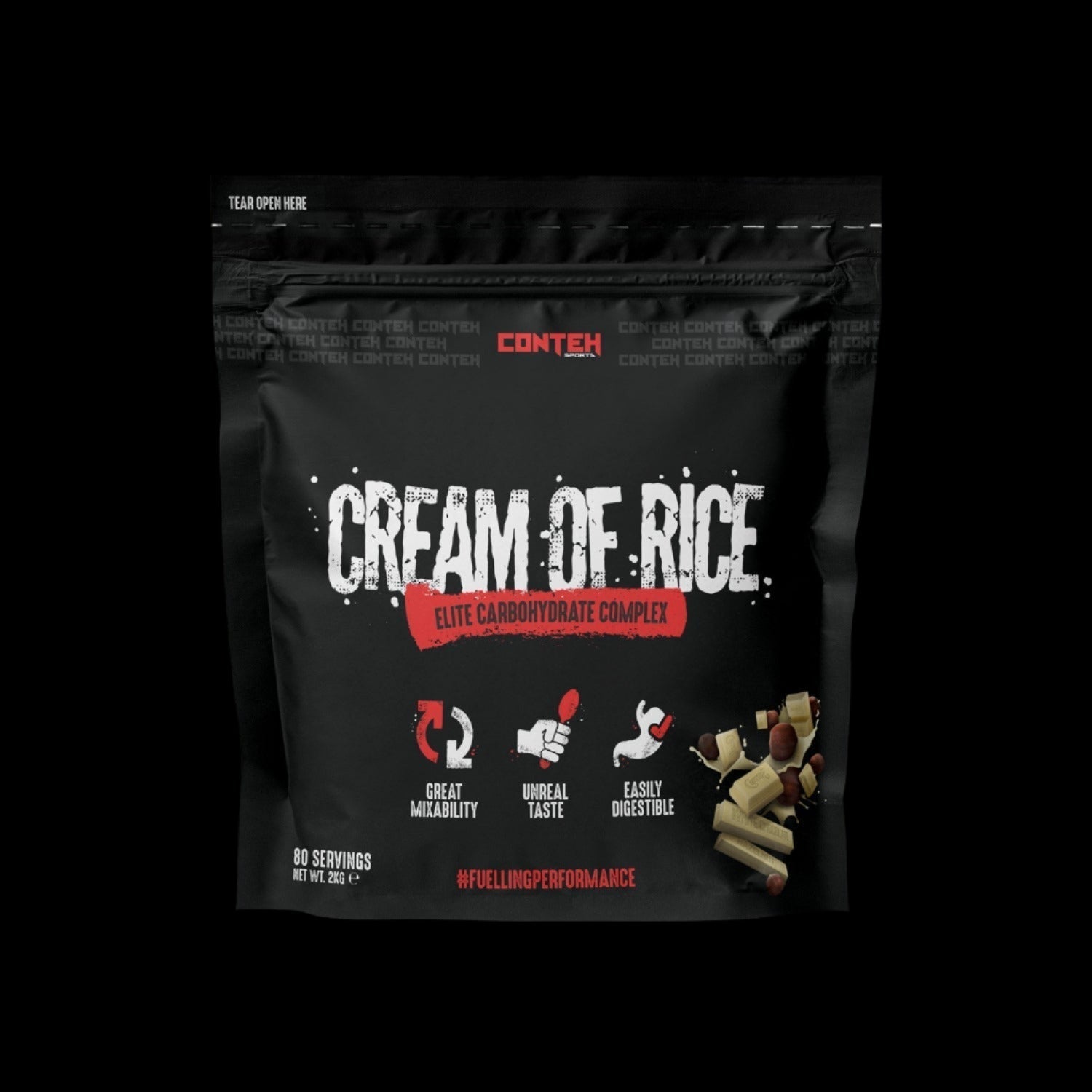 Black pouch of Conteh Sports Cream of Rice with white chocolate pieces for athletic performance