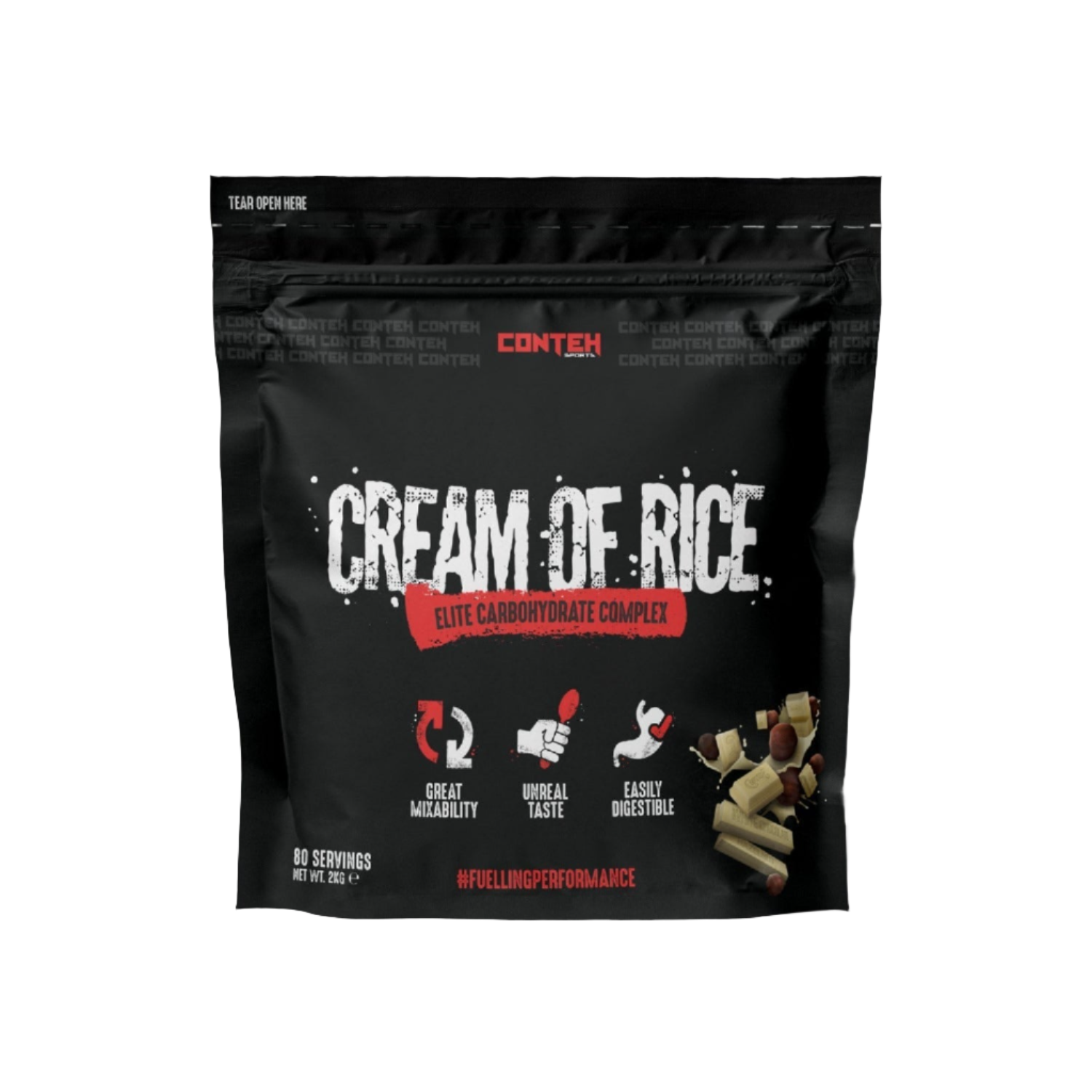 Black pouch of Conteh Sports Cream of Rice with info on mixability, taste, digestibility