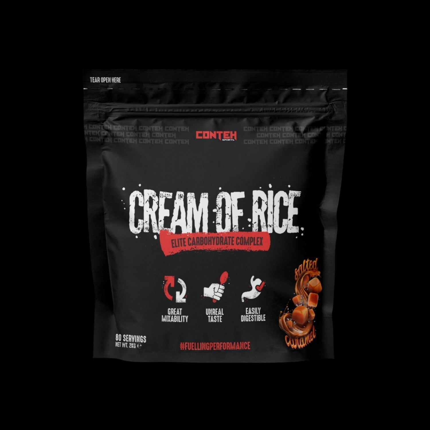 Black resealable pouch of Conteh Sports Cream of Rice Salted Caramel flavor with great mixability