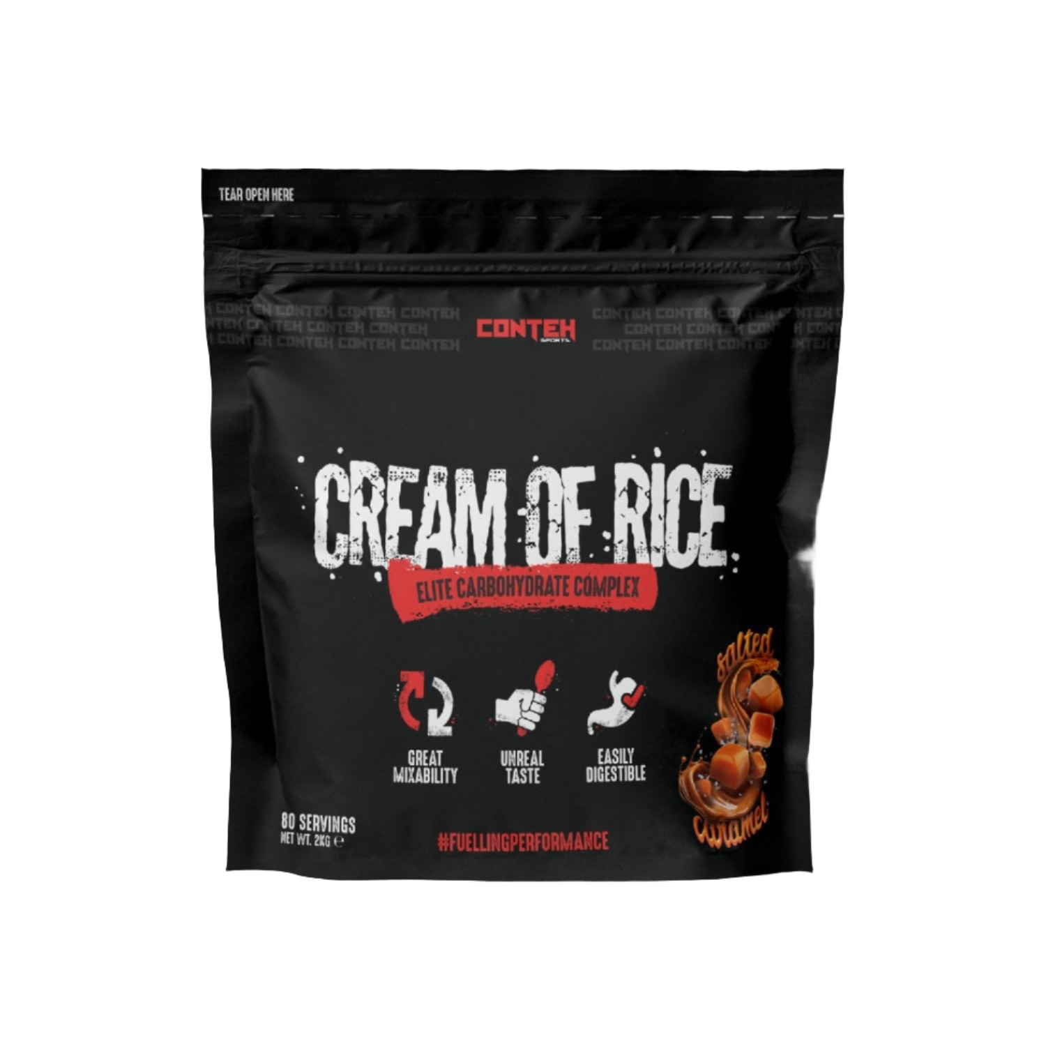 Black resealable pouch of Conteh Sports Cream of Rice hazelnut flavor carbohydrate supplement