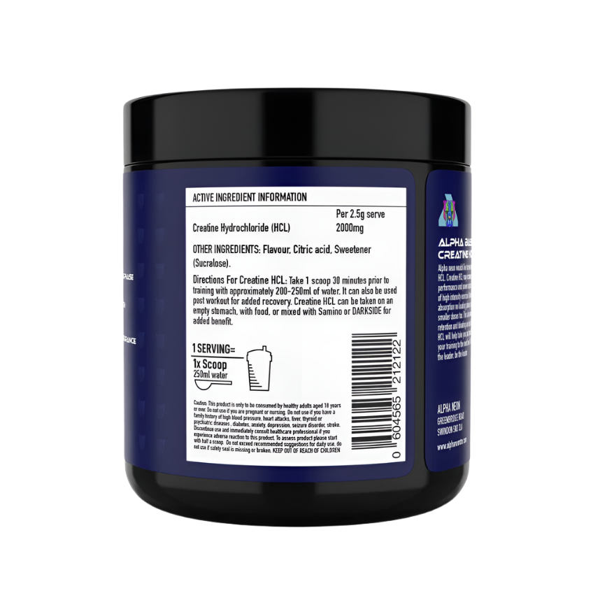 Blue container of Alpha Neon Creatine HCL powder, a potent neon creatine supplement