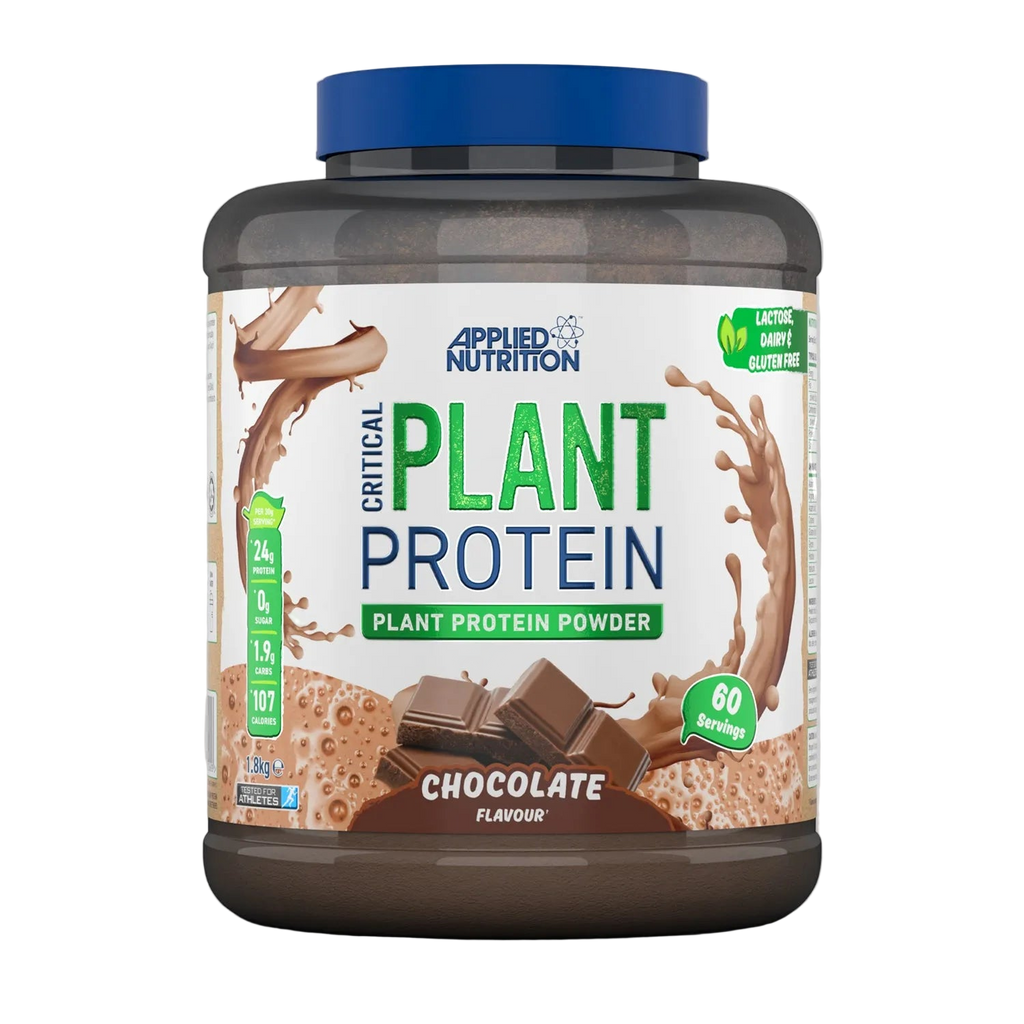 Applied Nutrition Critical Plant Protein powder container with blue lid on a white background