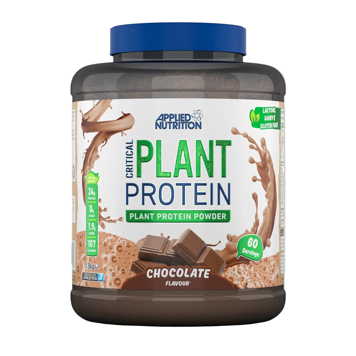 Applied Nutrition Critical Plant Protein powder container with blue lid on a white background