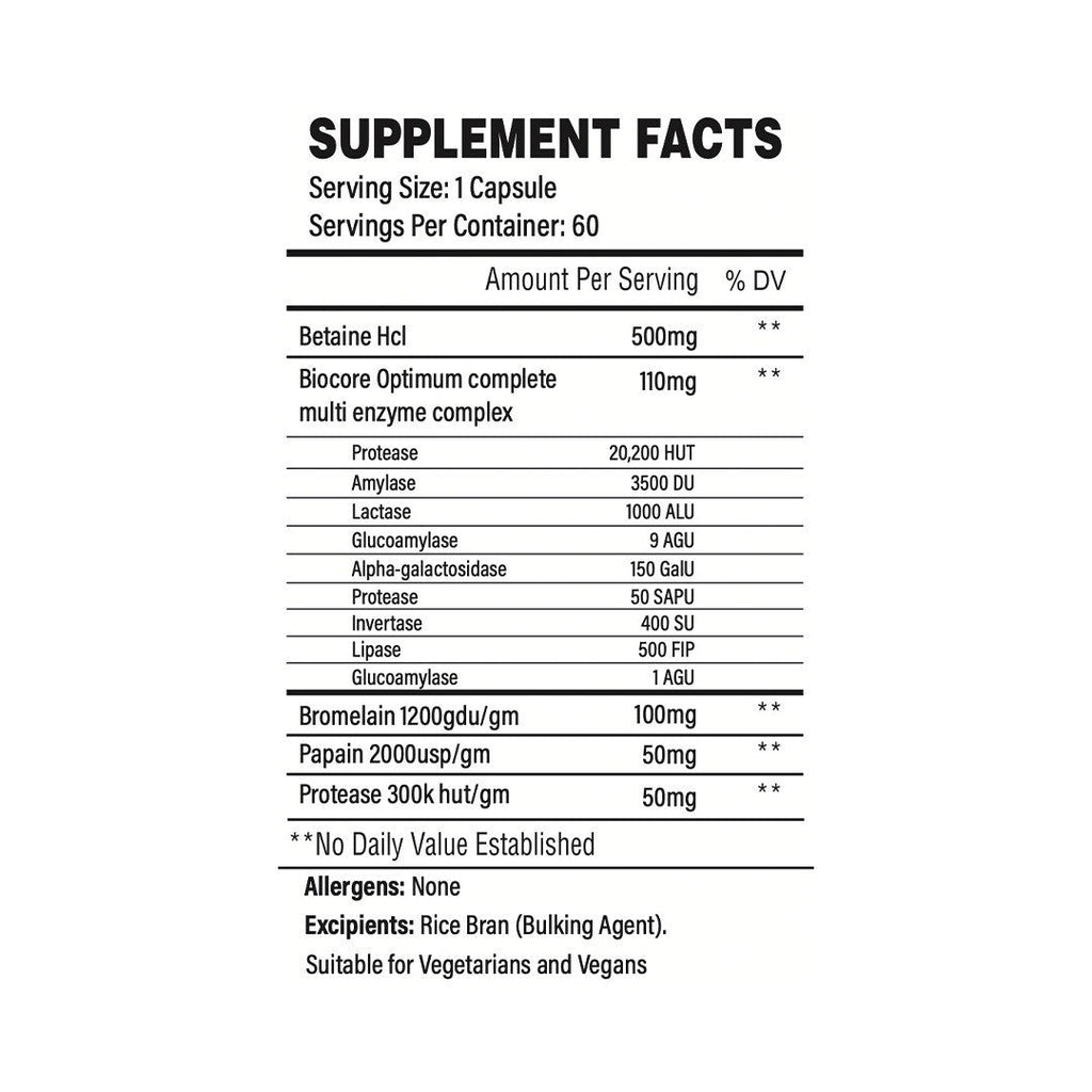 Supplement facts label for Trained By JP Digest Pharma Pro biocore complex enzyme supplement for nutrient absorption