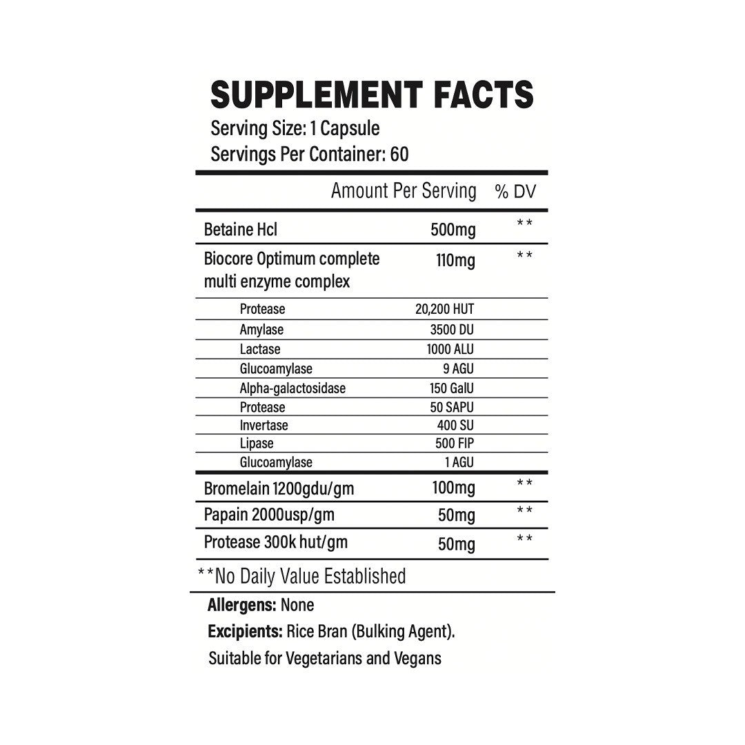 Supplement facts label for Trained By JP Digest Pharma Pro biocore complex enzyme supplement for nutrient absorption
