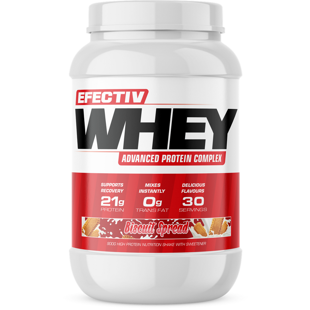 Efectiv Nutrition Whey Protein container with Biscuit Spread flavor, 21g protein, lean muscle