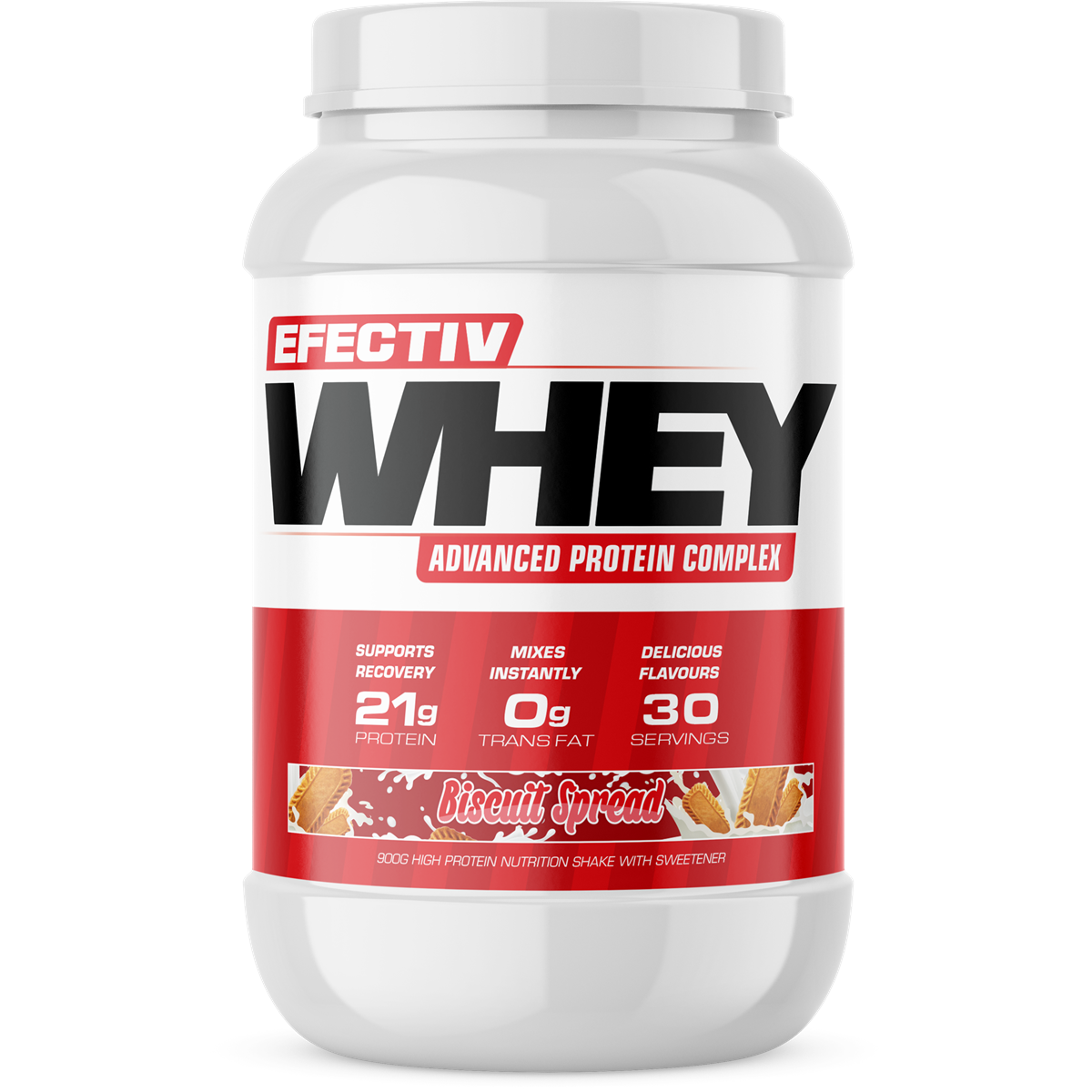 Efectiv Nutrition Whey Protein container with Biscuit Spread flavor, 21g protein, lean muscle
