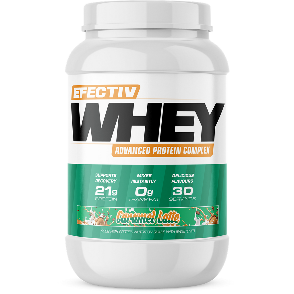 Caramel Latte flavored highly bioavailable whey protein powder by Efectiv Nutrition Whey for lean muscle