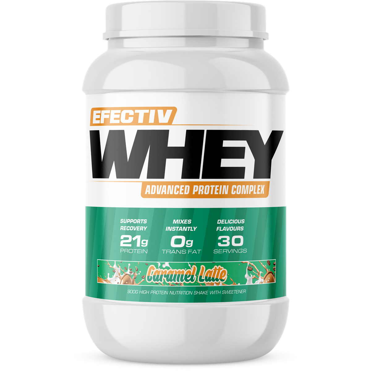 Caramel Latte flavored highly bioavailable whey protein powder by Efectiv Nutrition Whey for lean muscle