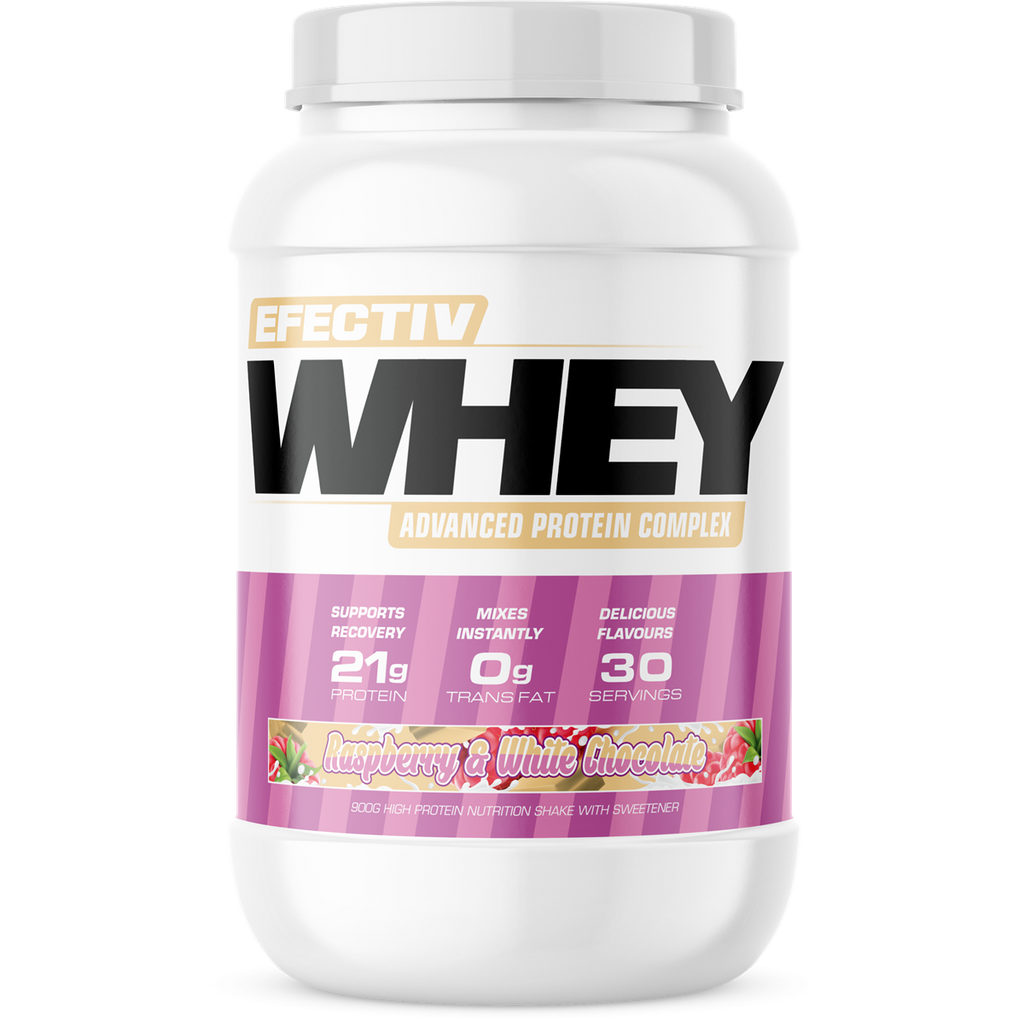Efectiv Nutrition Whey Protein with highly bioavailable whey, raspberry white chocolate flavor, 21g protein, 30 servings