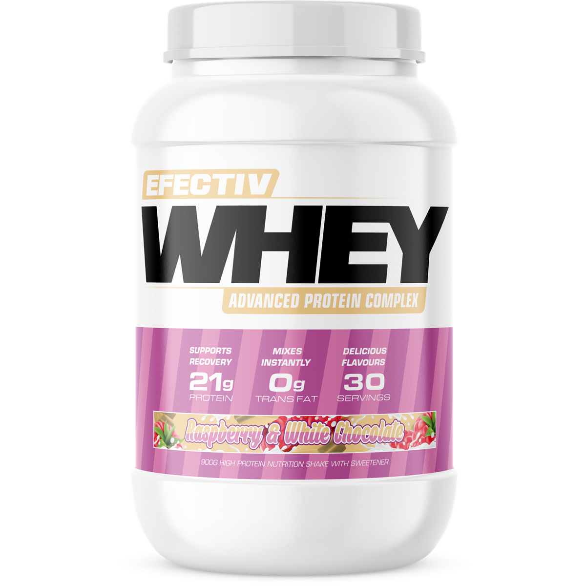 Efectiv Nutrition Whey Protein with highly bioavailable whey, raspberry white chocolate flavor, 21g protein, 30 servings