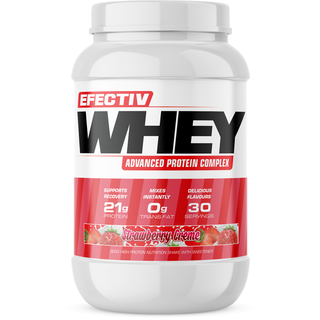 Strawberry Creme protein powder for lean muscle recovery with highly bioavailable whey from Effectiv Nutrition Whey
