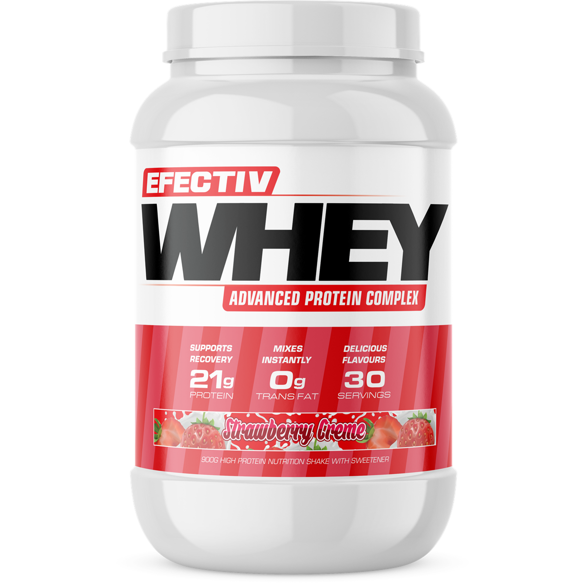 Strawberry Creme protein powder for lean muscle recovery with highly bioavailable whey from Effectiv Nutrition Whey