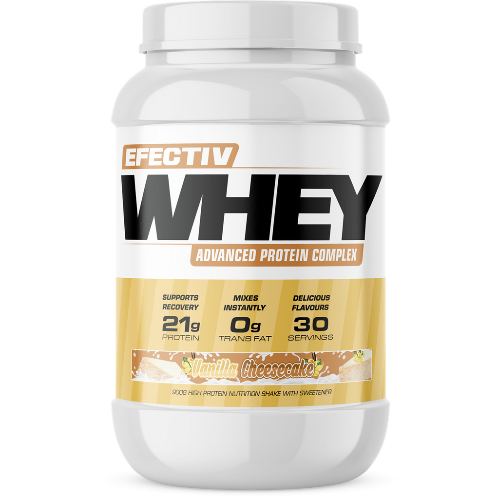 White plastic tub of Effectiv Nutrition Whey vanilla cheesecake flavored protein for lean muscle