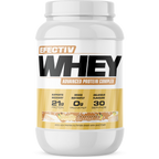 White plastic tub of Effectiv Nutrition Whey vanilla cheesecake flavored protein for lean muscle